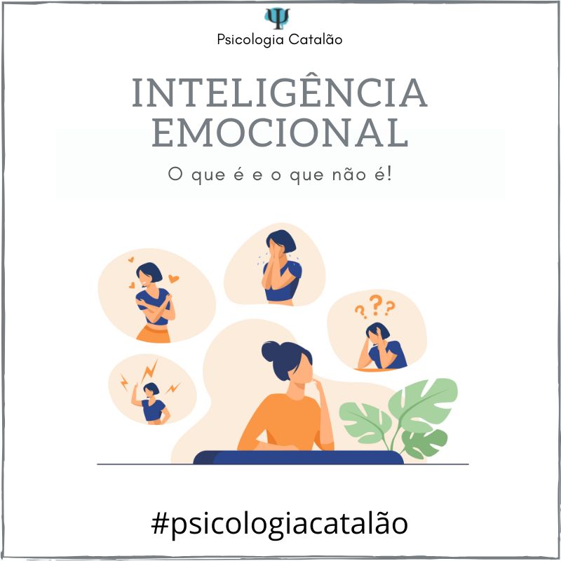imagem com o título inteligência emocional e uma ilustração de uma mulher pensativa e vários balões ilustrando emoções diferentes, como raiva, confusão, choro e amor