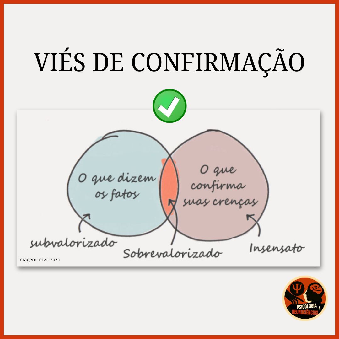 imagem com o título Viés de Confirmação, com dois balões com intersecção, no primeiro os dizeres "o que dizem os fatos" (subvalorizado), o segundo com "o que confirma suas crenças" (insensato) e a intersecção (sobrevalorizado).